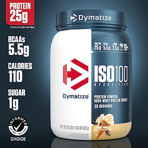 Dymatize ISO100 Whey Protein Powder Isolate, Gourmet Vanilla, 25g of Protein, 20 Servings, 5.5g BCAAs, Less Than 120 Cal., Gluten Free, 1g Fat, 1g Sugar, 2g Carb