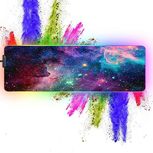 Large RGB Gaming XXL Mouse Pad with Stitched Edge 31.5"x11.8"x0.15" Galaxy Nebula Universe Mouse Mat Customized Extended Glowing Led Gaming Mouse Pad Anti-Slip Rubber Base Ergonomic Mouse Pad