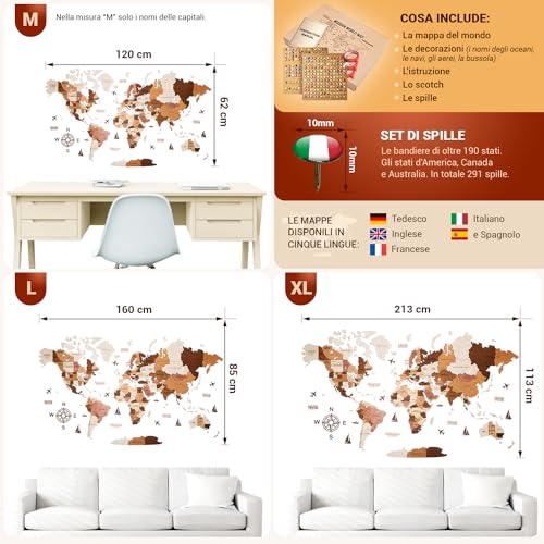 WOW WOOD® Wooden World Map 3D in Italian – High Quality Wall Decorations | Wall Mount Without Tools | Gift Idea for Any Occasion (113.00 x 213.00 CMS, Wood Colour)