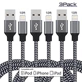 EverDigi 3Pack 10FT Lightning to USB Cable, Premium Nylon Braided Charging Cable Cord Compatible with iPhone 7/7 Plus/6/6s/6 plus/6s plus, iPhone 5/5s/5c,iPad, iPod & More (Black)