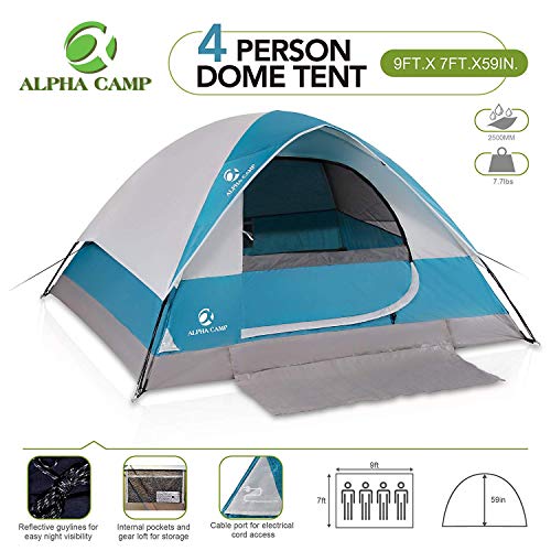 ALPHA CAMP 4 Person Dome Tent for Camping Easy Setup Tent with Foot Mat - 9' x 7' Blue