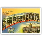 GREETINGS FROM PENNSYLVANIA vintage reprint postcard set of 20 identical postcards. Large letter US state name post card pack (ca. 1930's-1940's). Made in USA.