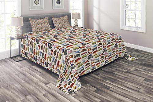 Lunarable Kids Coverlet Set Queen Size, Planes Bikes Cars Trucks Train and Taxi Motorcycle Bus Crane Engine Cartoon Artwork, 3 Piece Decorative Quilted Bedspread Set with 2 Pillow Shams, Multicolor