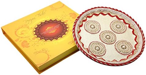 Ethnic Style Elegant Hand Lace &amp; Pearl Work Traditional Stainless Steel Decorative Poojan Thali Set With Idol Of laxmi Ganesh Ji