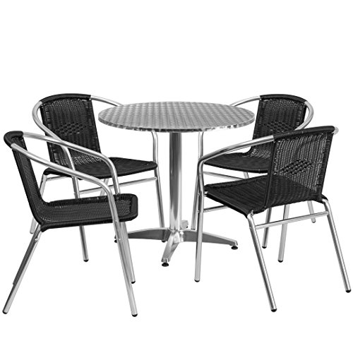 MFO 31.5\'\' Round Aluminum Indoor-Outdoor Table with 4 Black Rattan Chairs