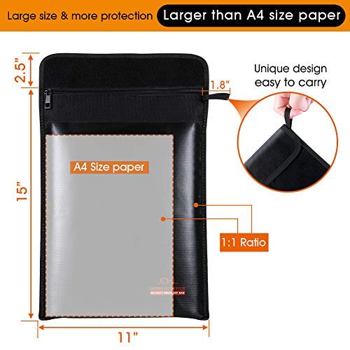 JCHL Fireproof Documents Bag Fire Water Resistant Bag 15"x11" Fireproof Bag Safe Storage for Money Documents Jewelry LiPo Battery Passport No-Itch Silicone Coated Fiberglass (New Upgraded) Black