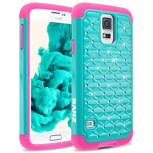 Galaxy S5 Case, RANZ Hot Pink/ Turquoise Mint Spot Diamond Studded Bling Crystal Rhinestone Dual Layer Hybrid Cover Hard Case For Samsung Galaxy S5 I9600 (Verizon, AT&T Sprint, T-mobile)