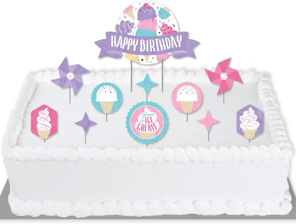 Big Dot of Happiness Scoop Up the Fun - Ice Cream - Sprinkles Birthday Party Cake Decorating Kit - Happy Birthday Cake Topper Set - 11 Pieces