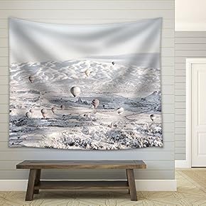 Hot Balloons Flying Above The Snow Covered Mountains - Fabric Wall Tapestry Home Decor - 51x60 inches