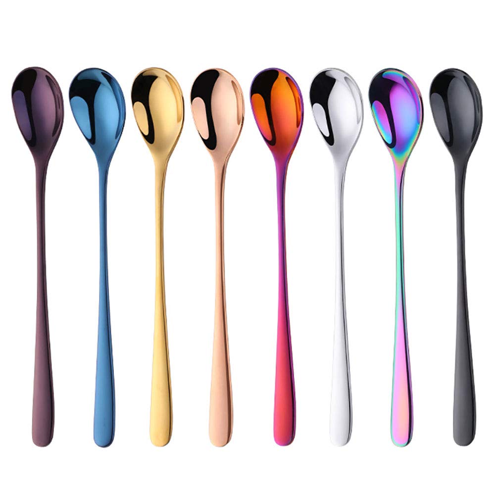 BISDARUN Latte Spoons Long Handle 8 Pieces Colorful Stainless Ice Tea Spoons 20.5 CM/8 Inches Dessert Ice Cream Spoons for Sundae Coffee 18/8 Heavy Steel