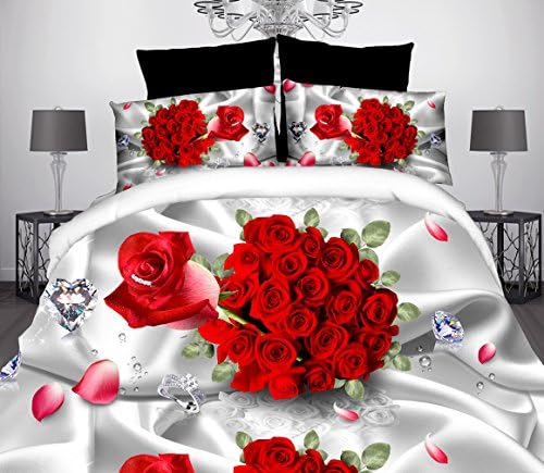 3D Red Floral 4Piece Bedding Set Queen Size(1 Bed Sheet +1 Comforter Cover + 2 Pillow Cover)