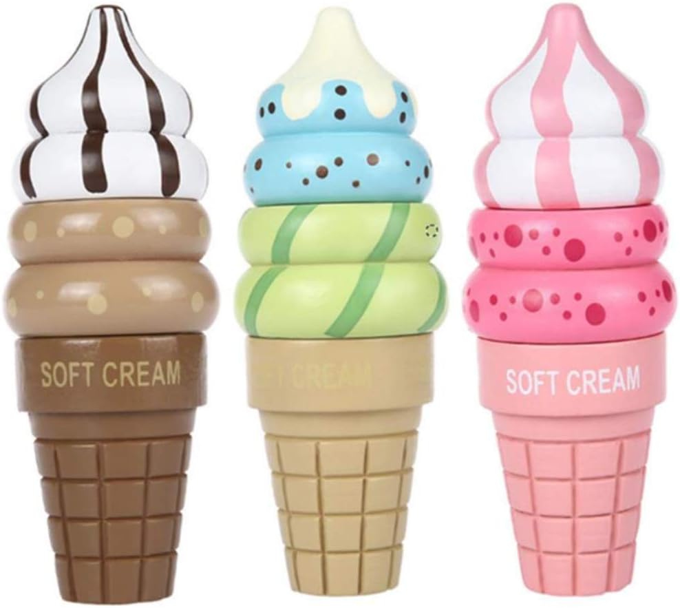 Ungfu Mall 3PCS Wooden Ice Cream Magnetic Connected Food Pretend Play Children Gift Toy Game Random Color