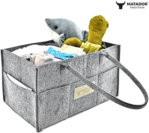 Baby Diaper Caddy Organizer - Nursery Storage Bin for Changing Table and Car, Portable Holder Bag, Newborn Baby Essentials - Grey, Felt - Matador Useful Goods
