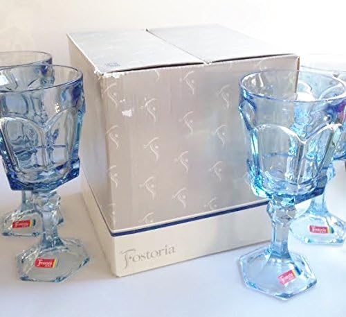 Vintage Fostoria Glass Light Blue Virginia Heavy Lead Crystal Water Goblet Glass Discontinued 1986 (Set of 4 in Gift Box)