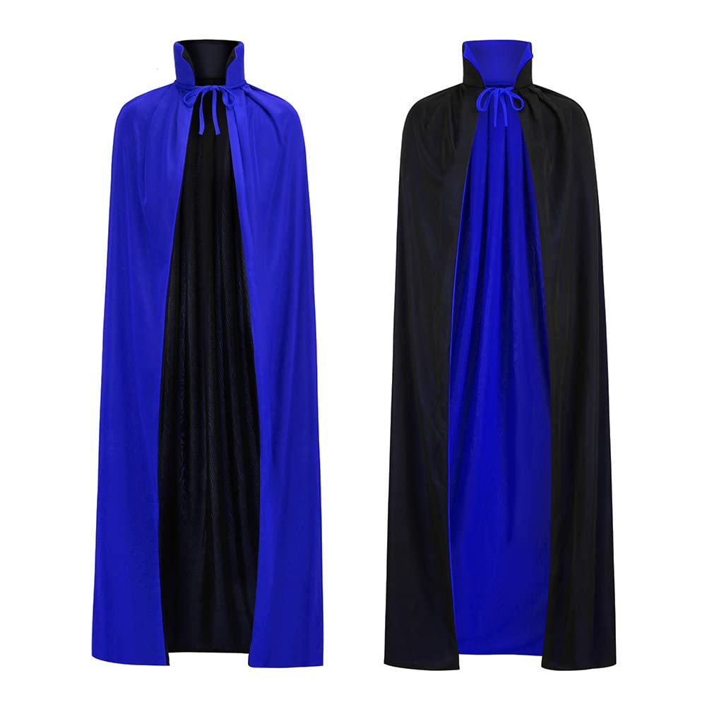 HAPNBCELE Reversible Cape Adults, Medieval Vampire Devil Magician Wizard Cloak Costume Halloween Christmas Masquerade Party (Blue-Black, 90cm/35.43")