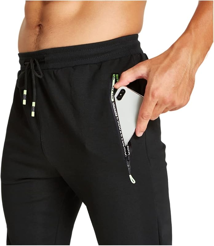 Pantaloni Sportivi Uomo Cotone Pantaloni da Jogging Sportivo Pantaloni di Tuta Slim Fit con Tasche Zip Nero XL