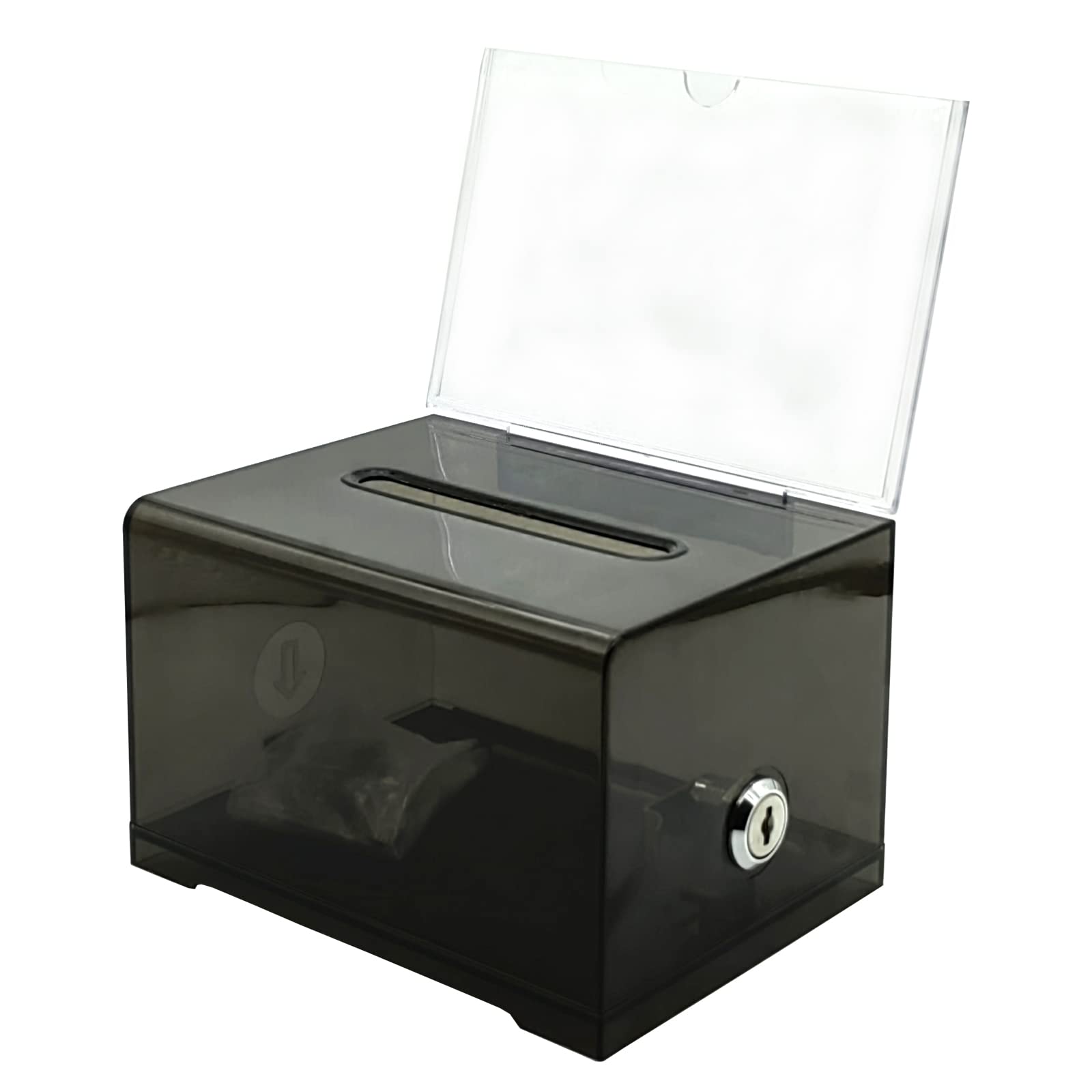 KAFENDA Black Donation Box With Lock, Ballot With Sign Holder, Suggestion Storage Container for Voting, Raffle, Tip Jar - 6.2" x 4.6" x 4.0"