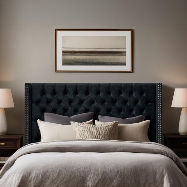 Madison Park Amelia Headboard Queen Wingback Upholstered - Hand-Tufted Button Detail, Double Nailhead Trim, Foam-Padded Durable Fabric, Adjustable Fit for Classic/Transitional Bedrooms-Black Velvet Image