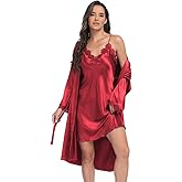SPLASHGRIP Women's Satin Silk Nightgown with Robes Set 2 Piece Sexy Lace Cami Nightwear Pajama Sets Kimono Bridesmaid Robes