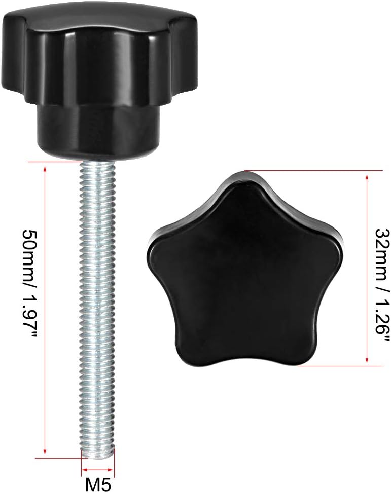 sourcing map 4 Pcs Star Knobs Grips M5 x 50mm Male Thread Steel Zinc Stud Black PP, Black,Silver - Image 3