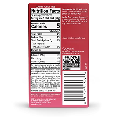C4 SMART ENERGY POWDER STICK PACKS – SUGAR FREE PERFORMANCE FUEL & NOOTROPIC BRAIN BOOSTER, COFFEE SUBSTITUTE OR ALTERNATIVE | STRAWBERRY WATERMELON – 14 COUNT