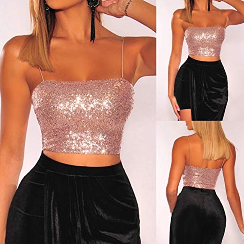Sinfu Women Sexy Suspenders Tube Top Sequins Short Cropped Bra Tank Vests Top (XL) Pink