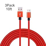 Awengu 3Pack 10ft Red Nylon Premium Micro USB Charging Lightning Cable Extra Long Charger for Android,Samsung,Nexus, HTC,Nokia, Motorola, HUAWEI and More.