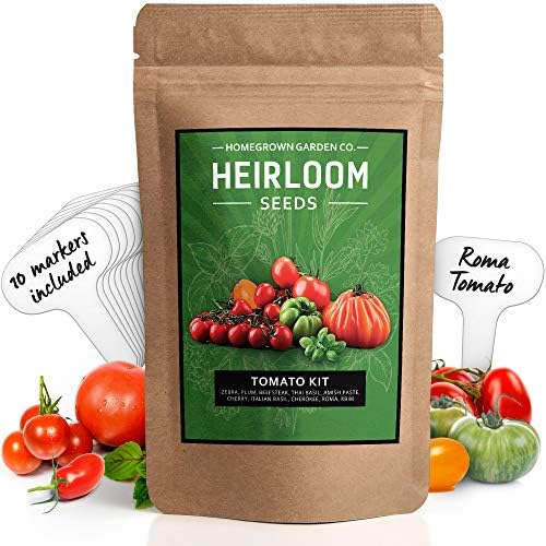 Heirloom Tomato Seeds and Basil Herb Pack, 8 Tomato 2 Basil Seeds Variety, Non GMO and Organic, 10 Plant Markers and Instructions Included