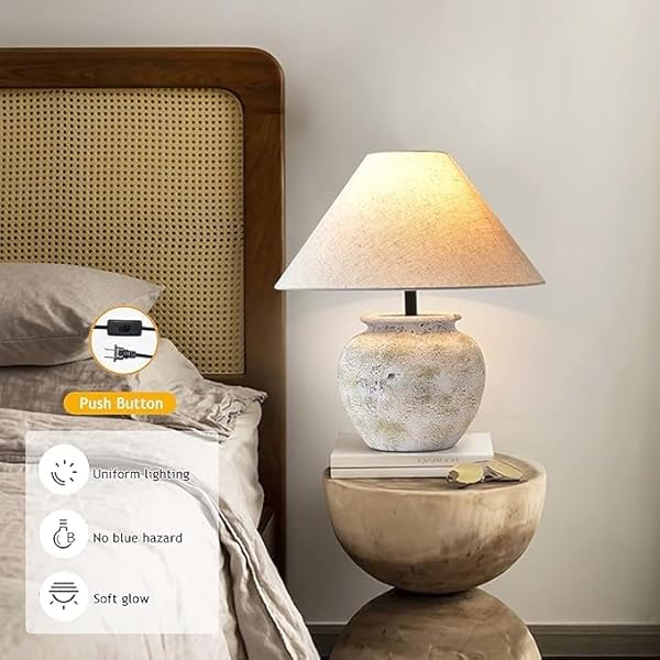 SANDYHA RUSTIC FARMHOUSE CROCK POT TABLE LAMP HANDMADE CREATIVE CERAMIC TABLE LAMP SOUTHWEST WHITE LAMP BODY WITH OFF-WHITE FABRIC LAMPSHADE BEDSIDE NIGHTSTAND FOR LIVING ROOM BEDROOM HOME OFFICE