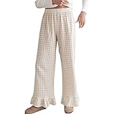 codcm Womens Gingham Pants Wide Leg Lounge Pants Y2k Plaid Print Ruffle Hem Loose Trouser