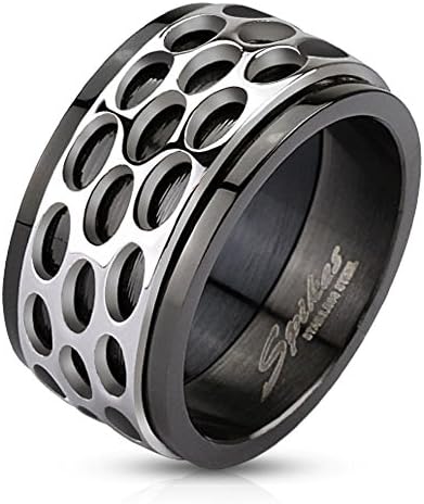 11.5mm Black Two Tone Stainless Steel Oval Pattern Spinner Designer Wedding Band - Size 9