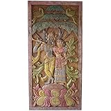 Vintage Barn Door Hand Carved Krishna Radha Carving Wall Art Sculpture, Teak Wood Relief Panel