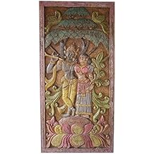 Mogul Interior Vintage Barn Door Hand Carved Krishna Radha Carving Wall Art Sculpture, Teak Wood Relief Panel