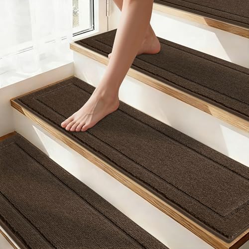 Non-Slip Stair Treads for Wooden Steps Indoor, 15 Pack 8" X 30" Edging Stair Rugs with TPE Backing,0.45" Thick Carpet Stair Treads for Kids Elders & Pets, 100% Polyester Soft Stair Runners, Brown