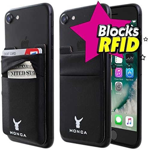 Monca RFID Blocking [Double Secure] Cell Phone Credit Card Holder Stick on Wallet Cash Metro Card ID Holder Lycra Spandex Card Sleeves [Lid & Pocket] (RFID Black)