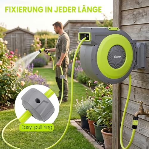 Bietor Hose Reel 40 m + 2 m, Garden Hose Drum with 180° Swivelling, Wall Hose Box with 9 Functions, Garden Shower, Automatic Retraction System and Locking in Any Length for Garden
