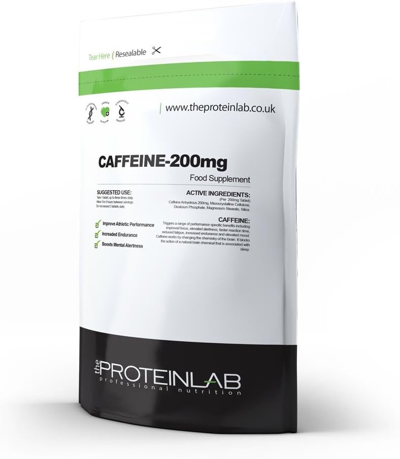 The Protein Lab Caffeine Tablets Pills 200mg, Slimming Aid, Energy Booster, Very Versatile Product for a Range of Training Needs. (30 Tablets - Foil Pack)
