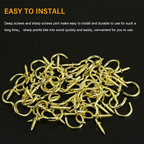 Powlankou 1inch Brass Plated Metal Screw-in Ceiling Hooks Cup Hooks, 120 Pieces