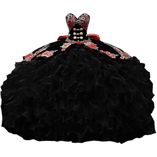 Amazon.com: Floral Embroidered Applique Ruffles Quinceanera Dresses Charrp  Mexican Sweet 16 Party Dress Black 2: Clothing, Shoes & Jewelry