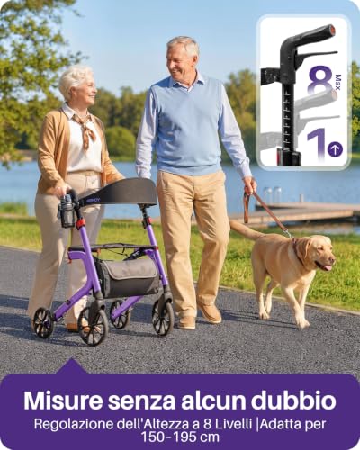 Kekoy Deambulatore per Anziani 4 Ruote con Seduta, Pieghevole, 181 kg Portata, Sedile 44 cm Largo, Ruote 25 cm Per Tutti I Terreni, Altezza Regolabile, Freni con Cavi Nascosti, Portaoggetti, Viola