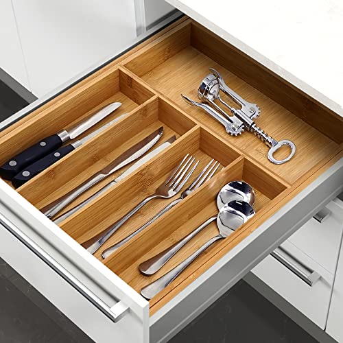 VaeFae Bamboo Drawer Organizer, Expandable Silverware Drawer Organizer
