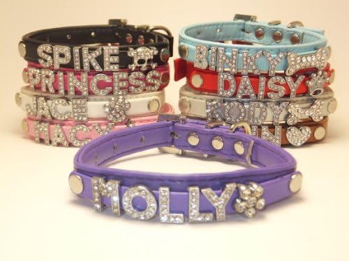 Personalized Custom Fashion Leather Classic Dog Cat Collar Swarovski Crystal Rhinestone Letters Plus Free Charm Black, Hot Pink, Purple, Baby Blue, White, Red, Brown, Silver, Pink Size Xtra Small and Small (Purple, SM)