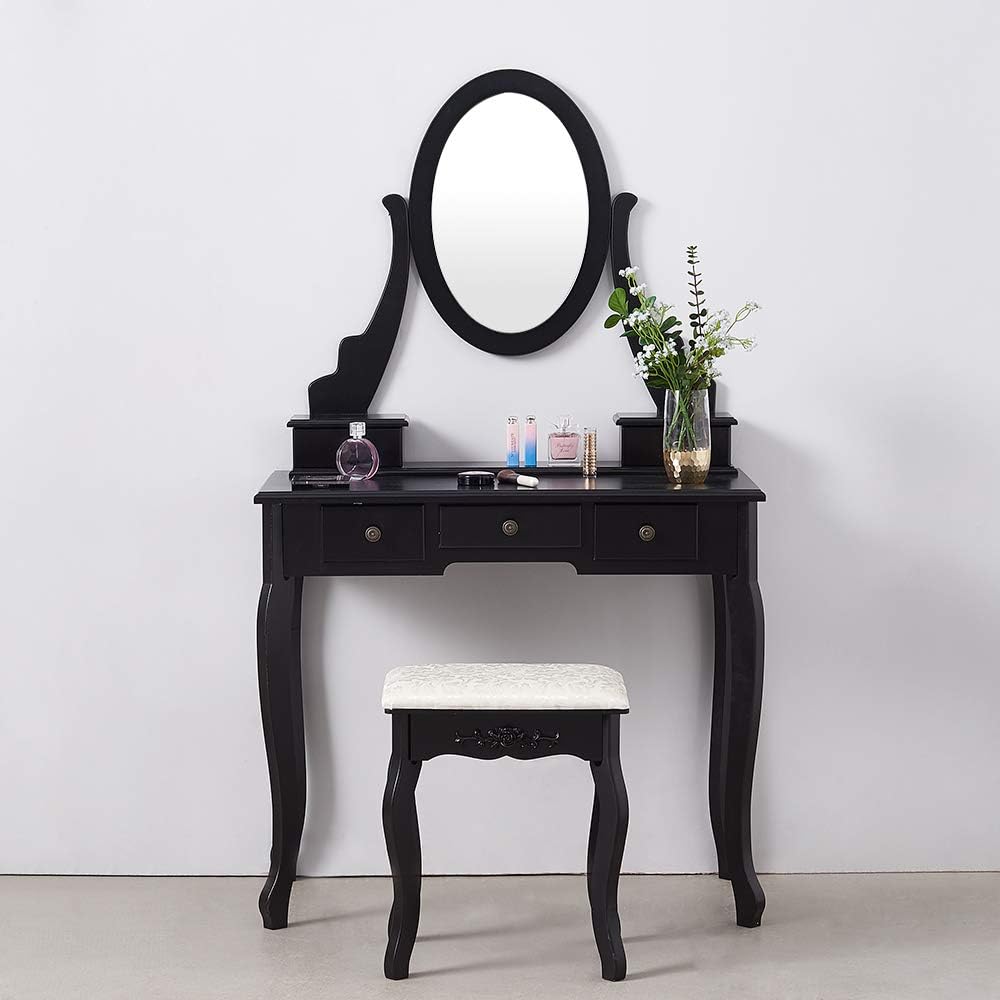 Keinode Dressing Table And Stool Oval 360 Spinning Mirror 5 Drawers Storage Cabinet Solid Wooden Makeup Dresser Set Vanity Table For Bedroom Black Amazon Co Uk Kitchen Home