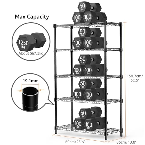 M MZG Heavy Duty Metal Shelving Unit with 5 Levels, up to 567 kg, Adjustable Shelves for Garage, Workshop and Warehouse, Studio, Black, 35 x 60 x 159 cm