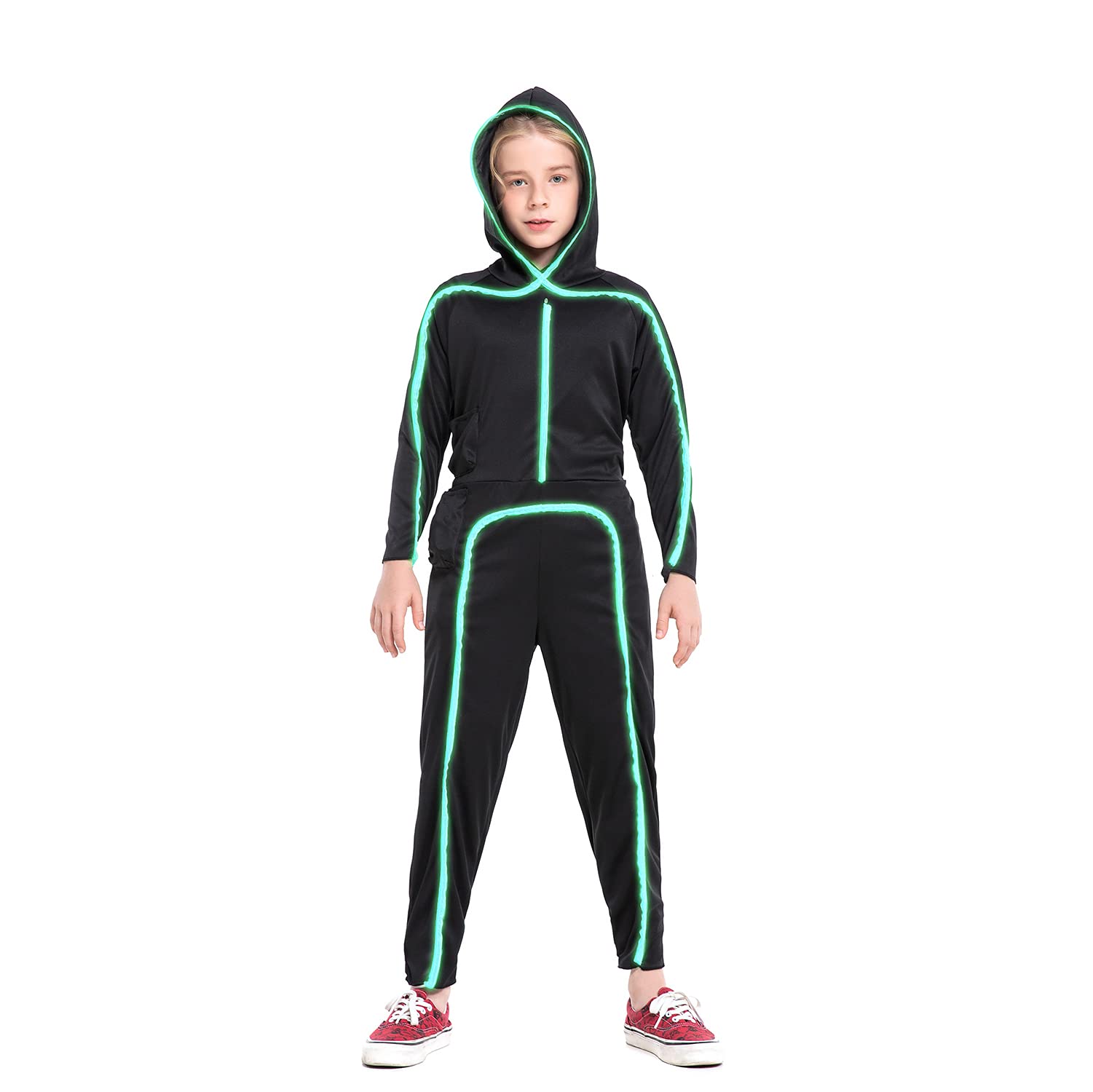 Photo 1 of Stick Figure Costume Kids, Led Stick Man Costumes Child Boys Girls, Halloween Glow in Dark Stickman Cosplay Youth(Fluorescent Green, 78)