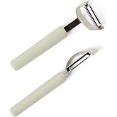 Amazon Basics Vegetable and Potato Peelers with Ultra-Sharp Stainless Steel Swivel Blades, Non-Slip Soft-Touch Handle, Protective Covers, 2-Piece Set, Dishwasher-Safe, Linen Gray