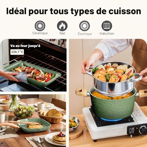 17 Pièces Poêles et Casseroles à Induction Vert