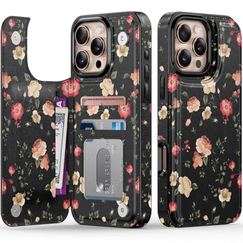 LETO for iPhone 16 Pro Wallet Case - Flip Folio Leather Kickstand - Fashionable Flower Designs - Credit Card Holder - Protective Phone Cover for Women and Girls - 6.3" - Roses