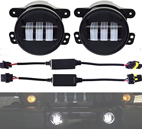 Aosi Pair 4 Inch Round Led Fog Lights Projector Lens Fits Jeep Wrangler JK CJ LJ LJ Dodge Chrysler Front Bumper With 9005/9006 to 5202/2504/H16 EU Conversion Adaptor Wiring Plug N Play