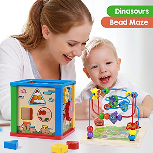 Tacobear Wooden Activity Cube Dinosaur Bead Maze Activity Center Early